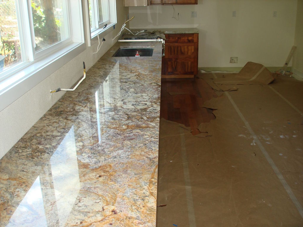 Colored marble table tops inside a house
