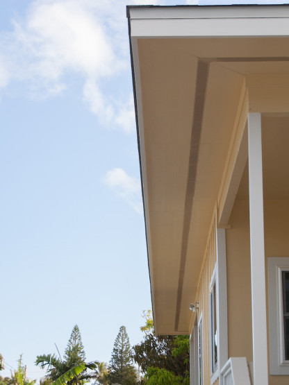 Roof of a house supported with white railings