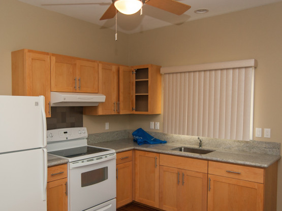 A modular kitchen with a white colored stove