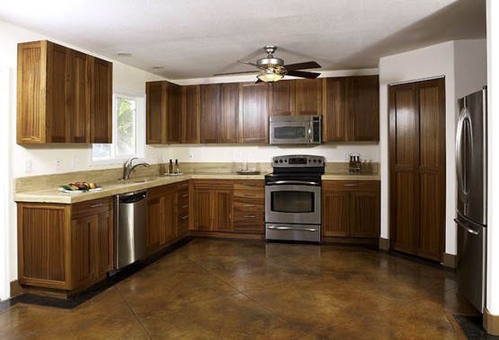 Dark brown colored cabinets in a kitchen