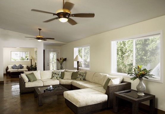White colored interior of a house with ceiling fan