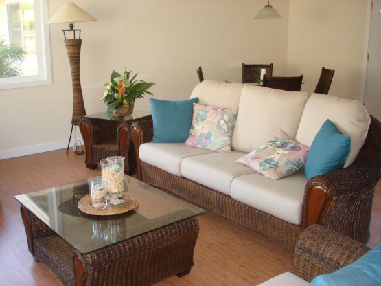 Interior of a house with wooden sofa