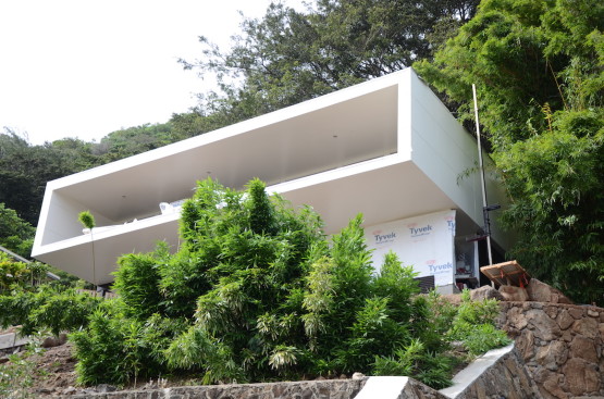 A white colored house with trees in front