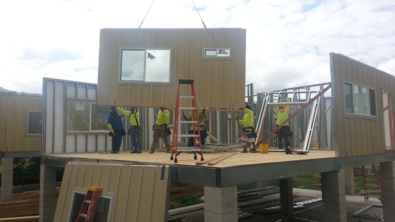 Six construction Workers building Cream colored houses